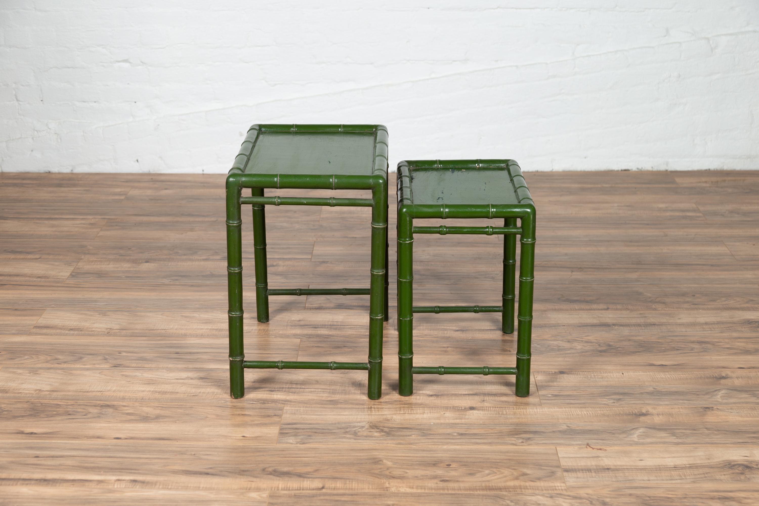 Set of Two Chinese Bamboo Green Lacquered Nesting Tables with Side Stretchers 4