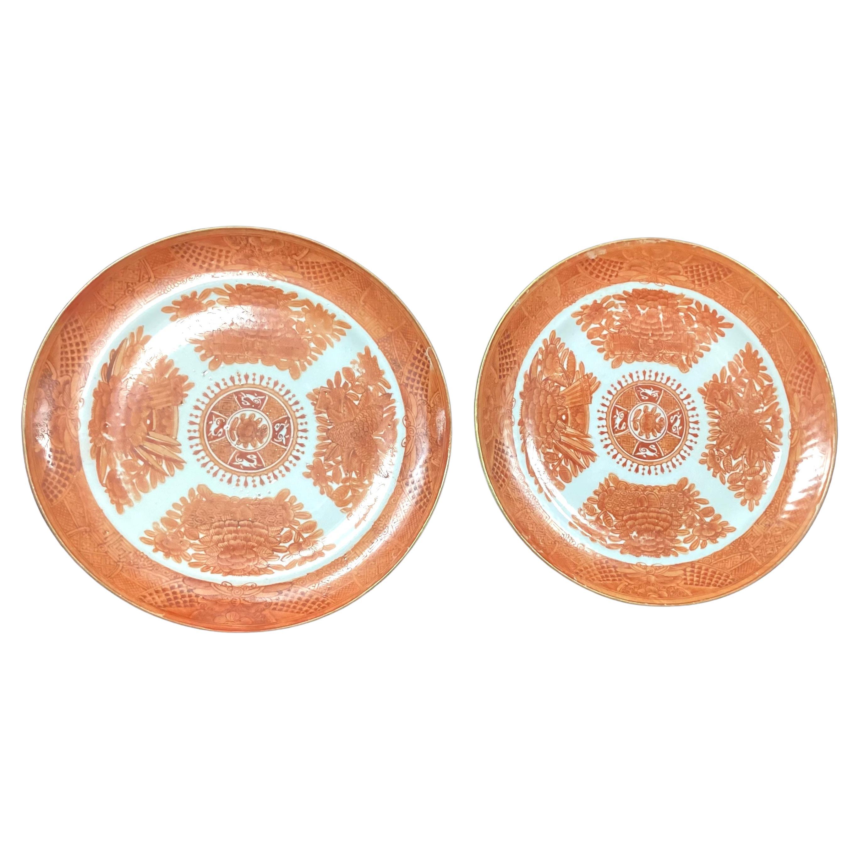 Set of Two Chinese Export Porcelain Orange Fitzhugh Plates