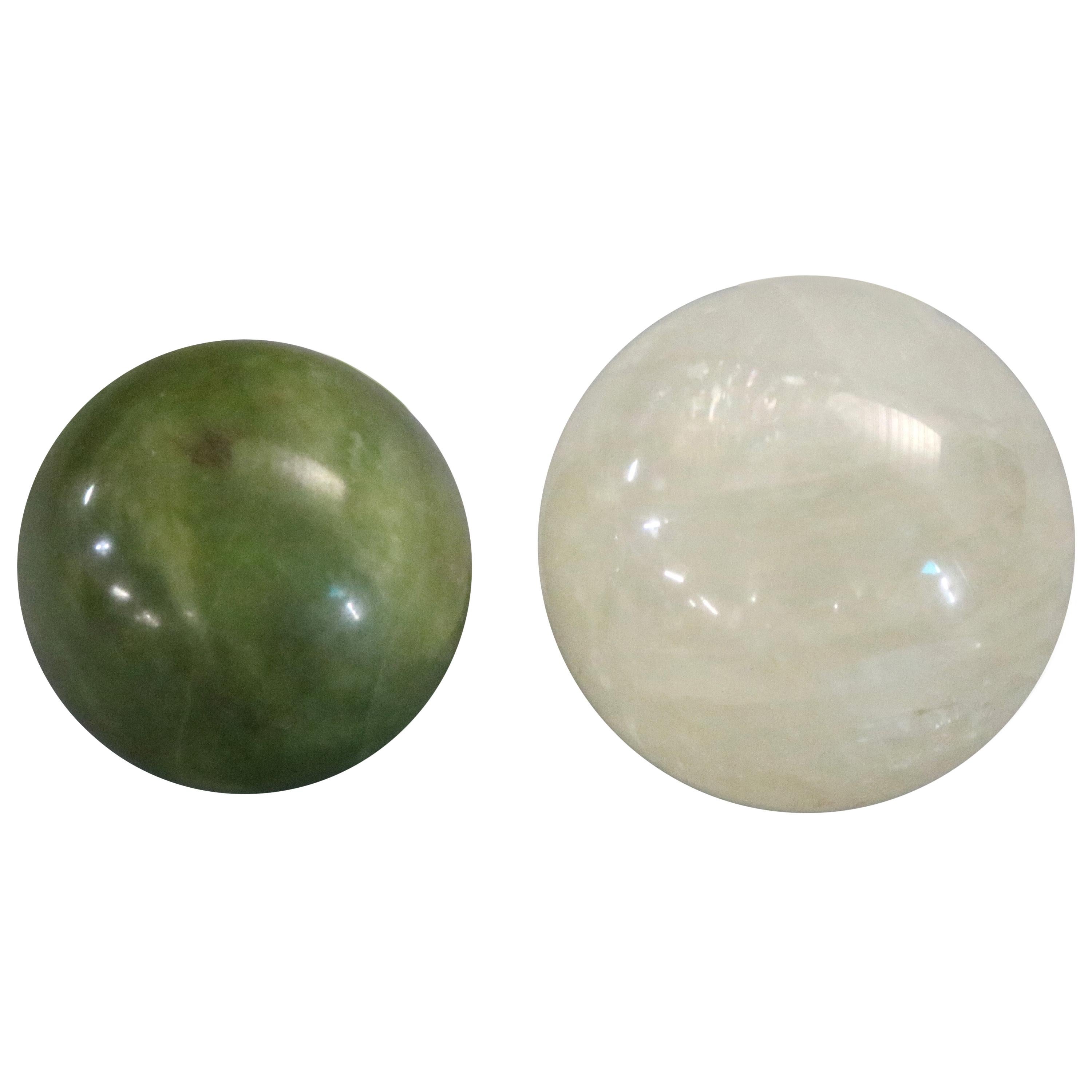 Set of Two Chinese Jade Green and White Onyx Balls, 20th Century