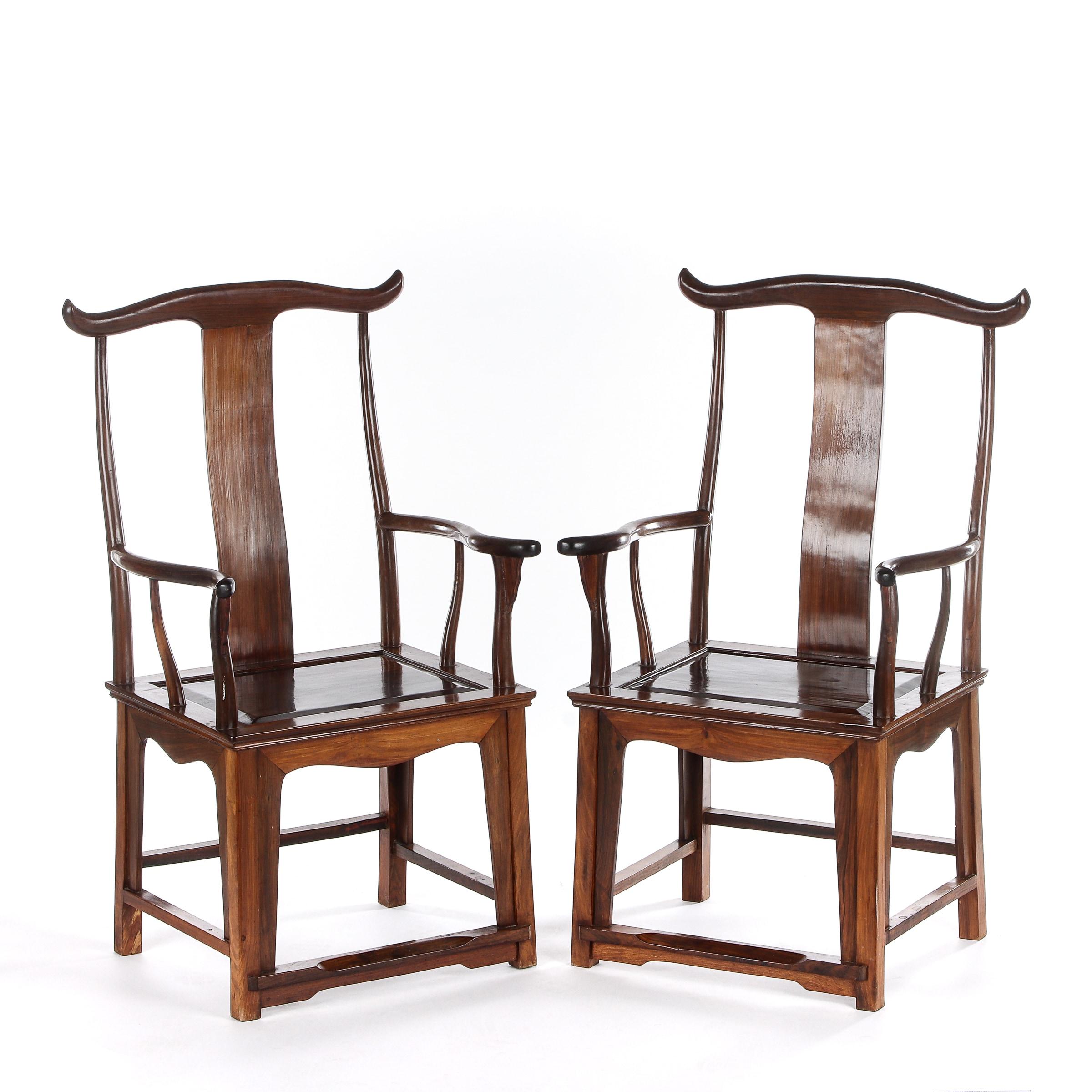 Hardwood frame black and red painted with some ornaments on the backrest and the legs. Made in China about 1900. Price for both.