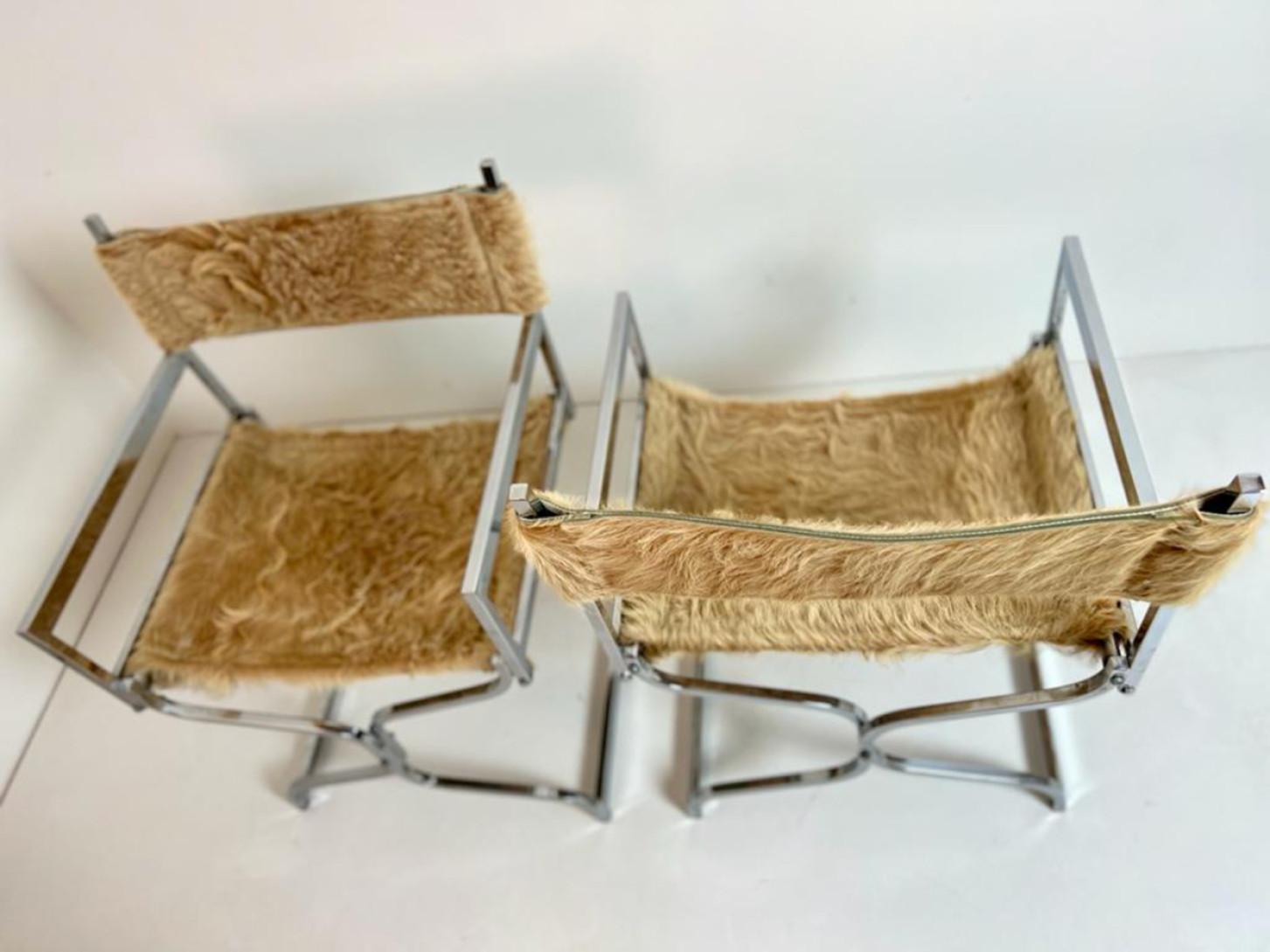 Set of Two Chrome Chairs With Horse Skin Upholstery by Arrmet, Italy 2