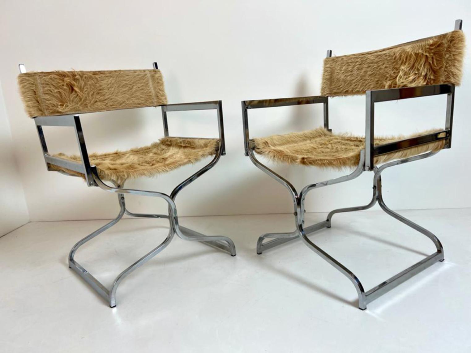 Set of Two Chrome Chairs With Horse Skin Upholstery by Arrmet, Italy 3