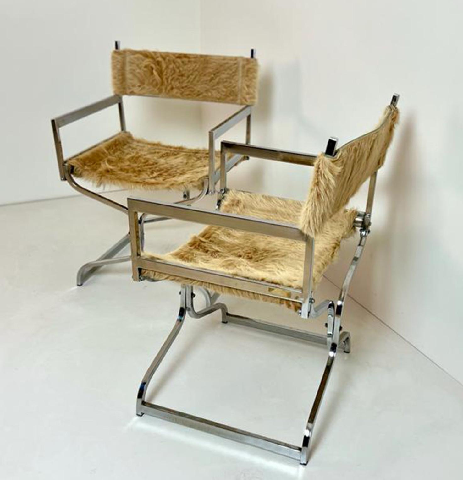 Set of Two Chrome Chairs With Horse Skin Upholstery by Arrmet, Italy 4