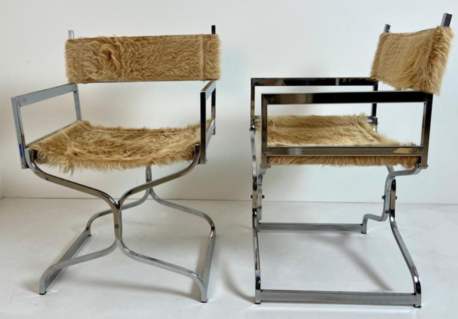 Mid-Century Modern Set of Two Chrome Chairs With Horse Skin Upholstery by Arrmet, Italy