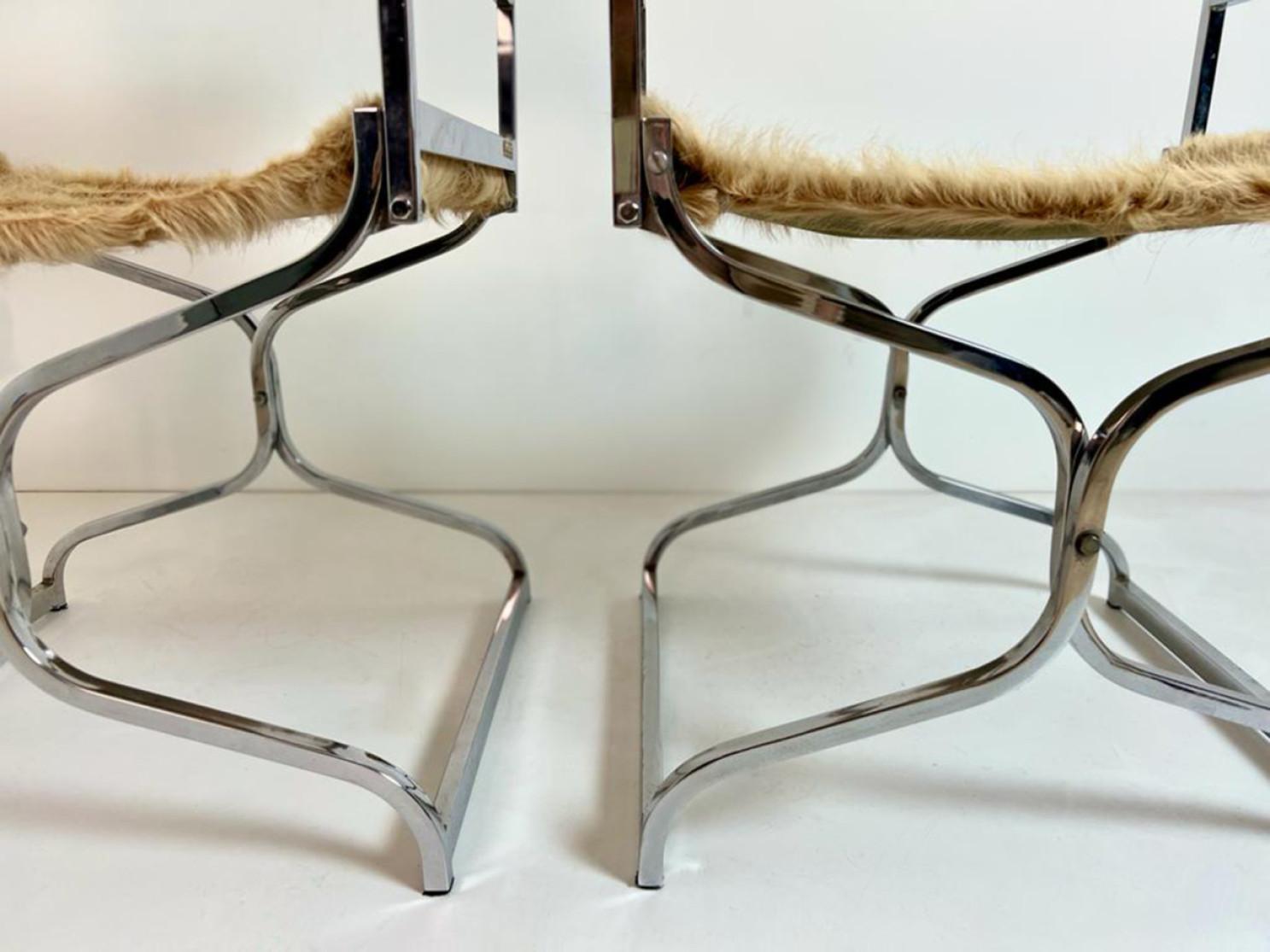 Set of Two Chrome Chairs With Horse Skin Upholstery by Arrmet, Italy 1