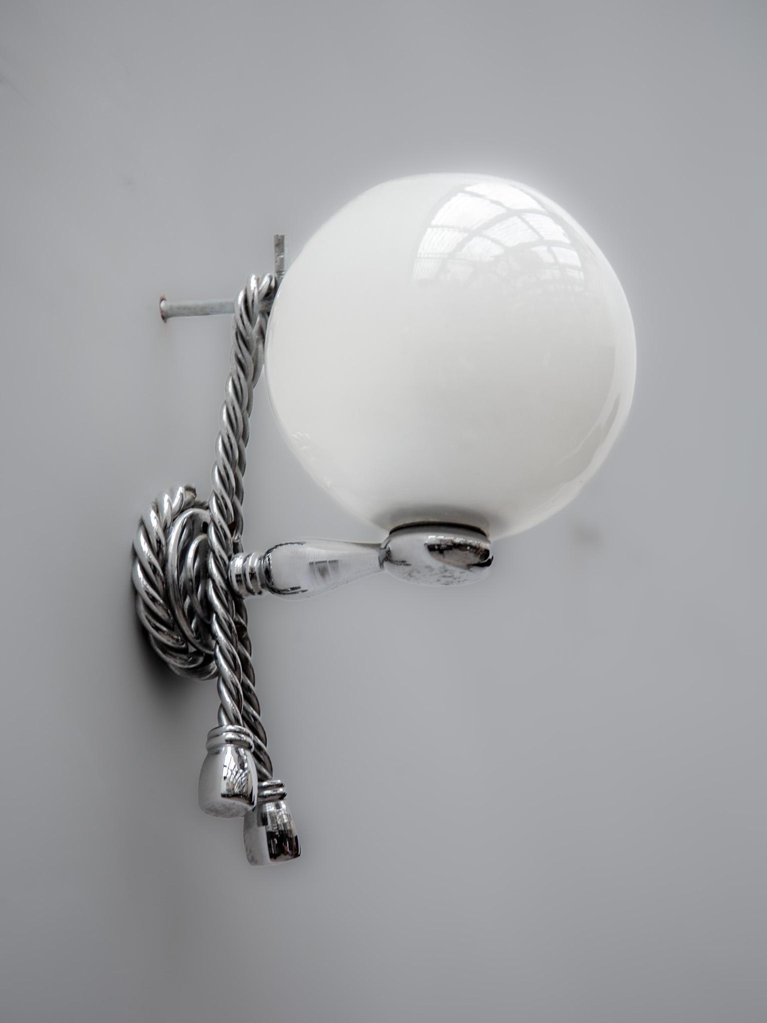 Set of Two Chrome Wall Lights, Sconces with Opaline Glass Globe, Italy , 1960s In Good Condition In Antwerp, BE
