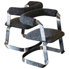 Set of Two Chromed Dining Chairs, Black/White/Grey Woven Fabric, Italy, 1970s