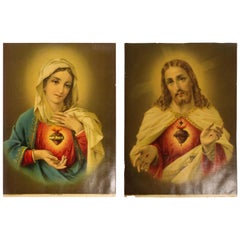 Set of Two Chromo-Lithographs Sacred Heart Jesus Immaculate Heart Mary, 1880