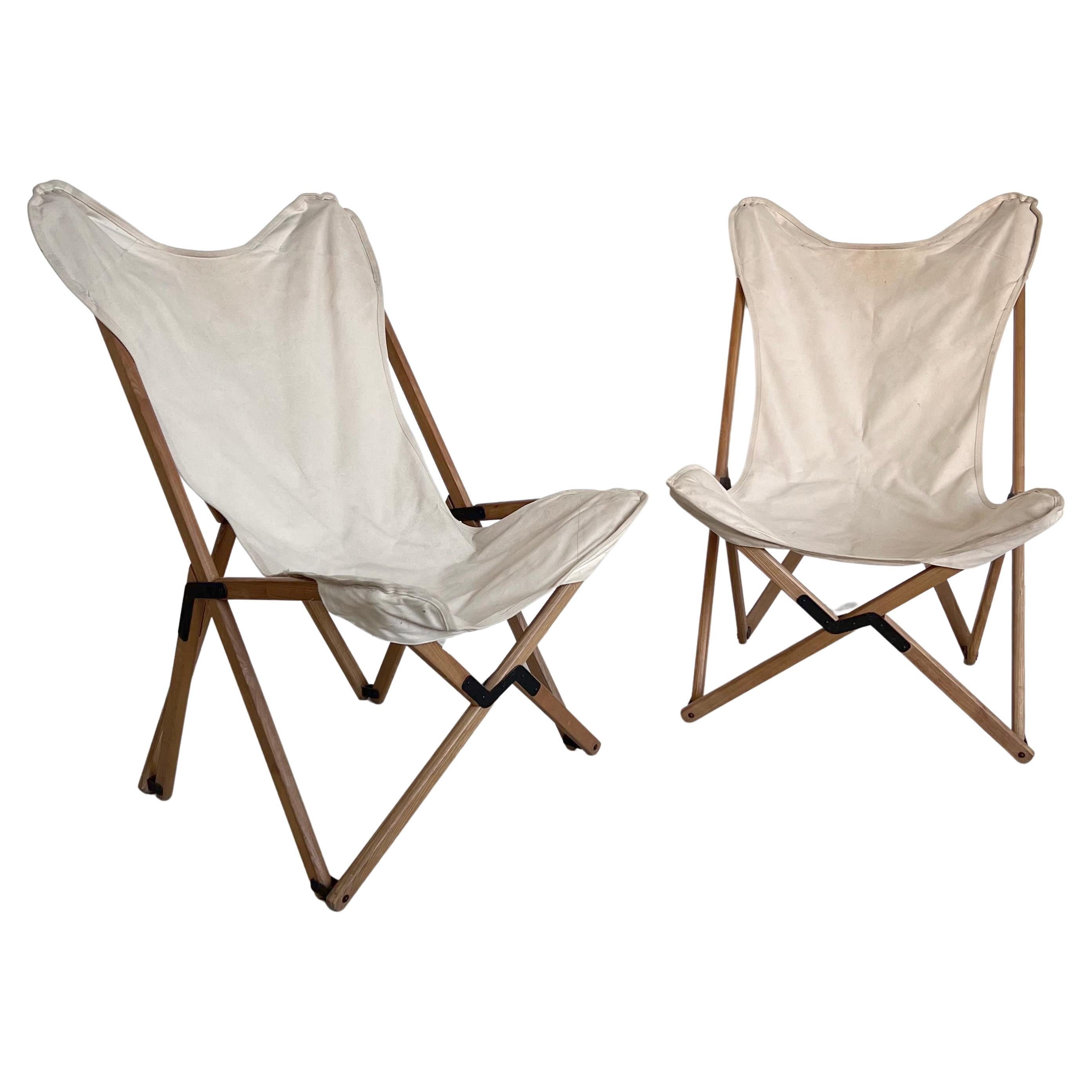 Vintage Foldable Garden / Outdoor Chairs in Wood and White Canvas Boho Chic