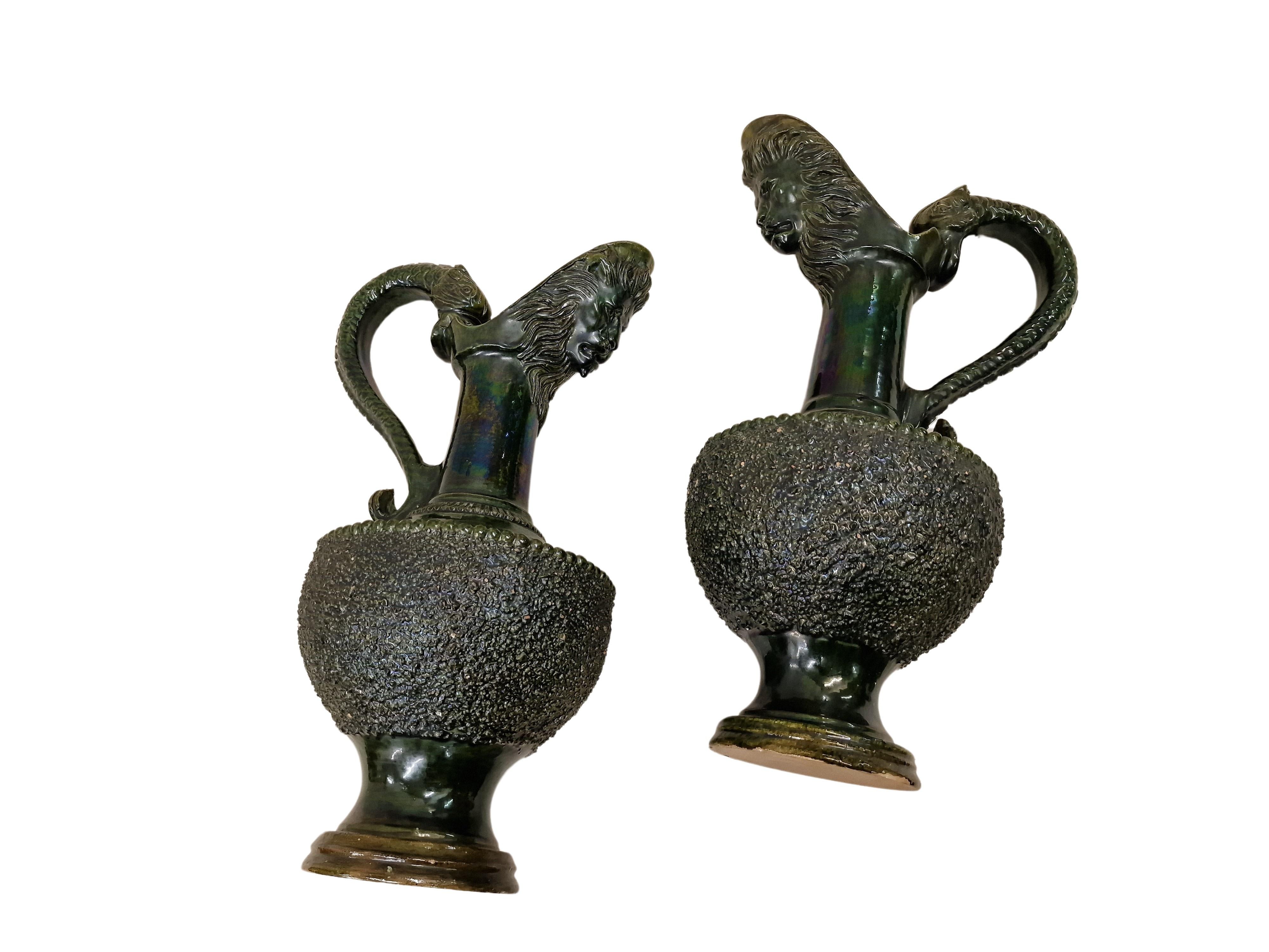 Set of two classical swivel jugs pitcher vases, iridescent surface, 1880 England For Sale 2