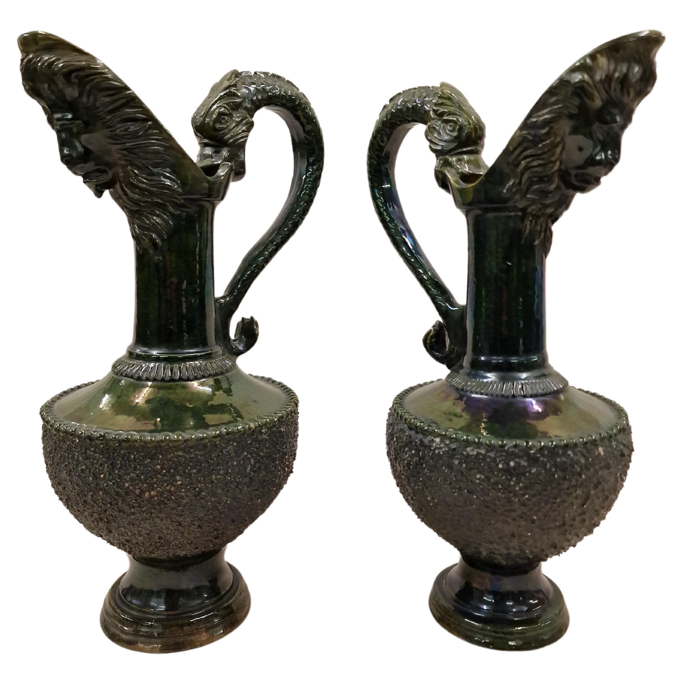 Set of two classical swivel jugs pitcher vases, iridescent surface, 1880 England For Sale