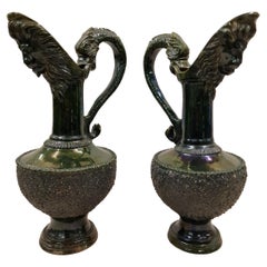 Set of two classical swivel jugs pitcher vases, iridescent surface, 1880 England