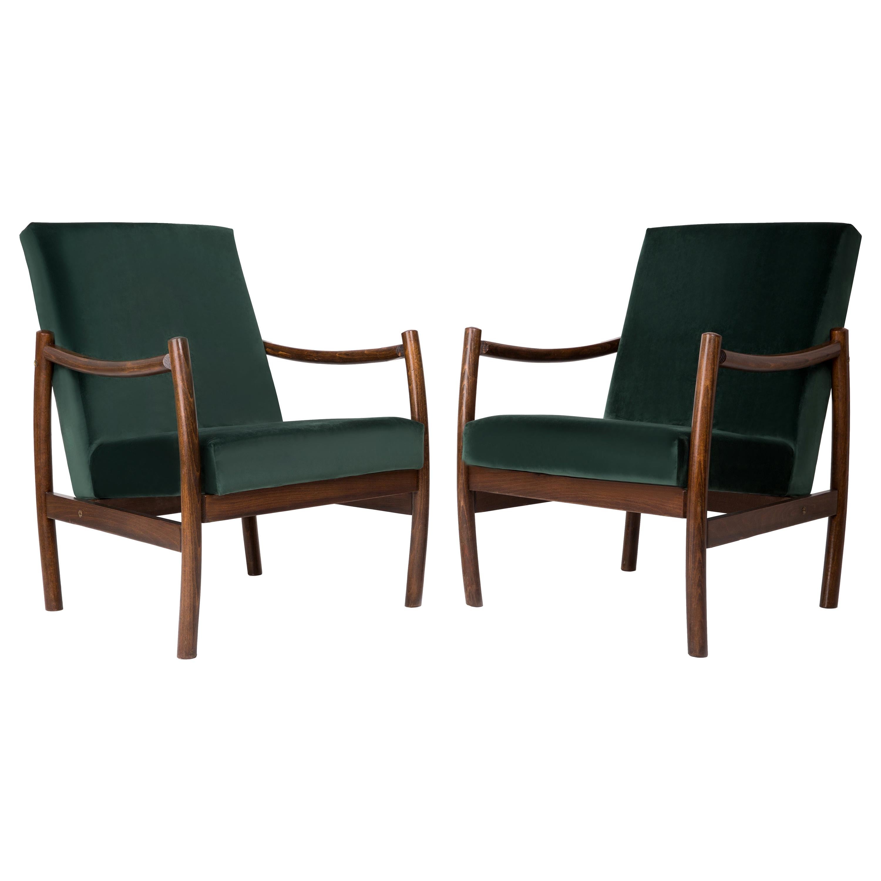 Ensemble de deux fauteuils club en velours vert foncé, années 1960