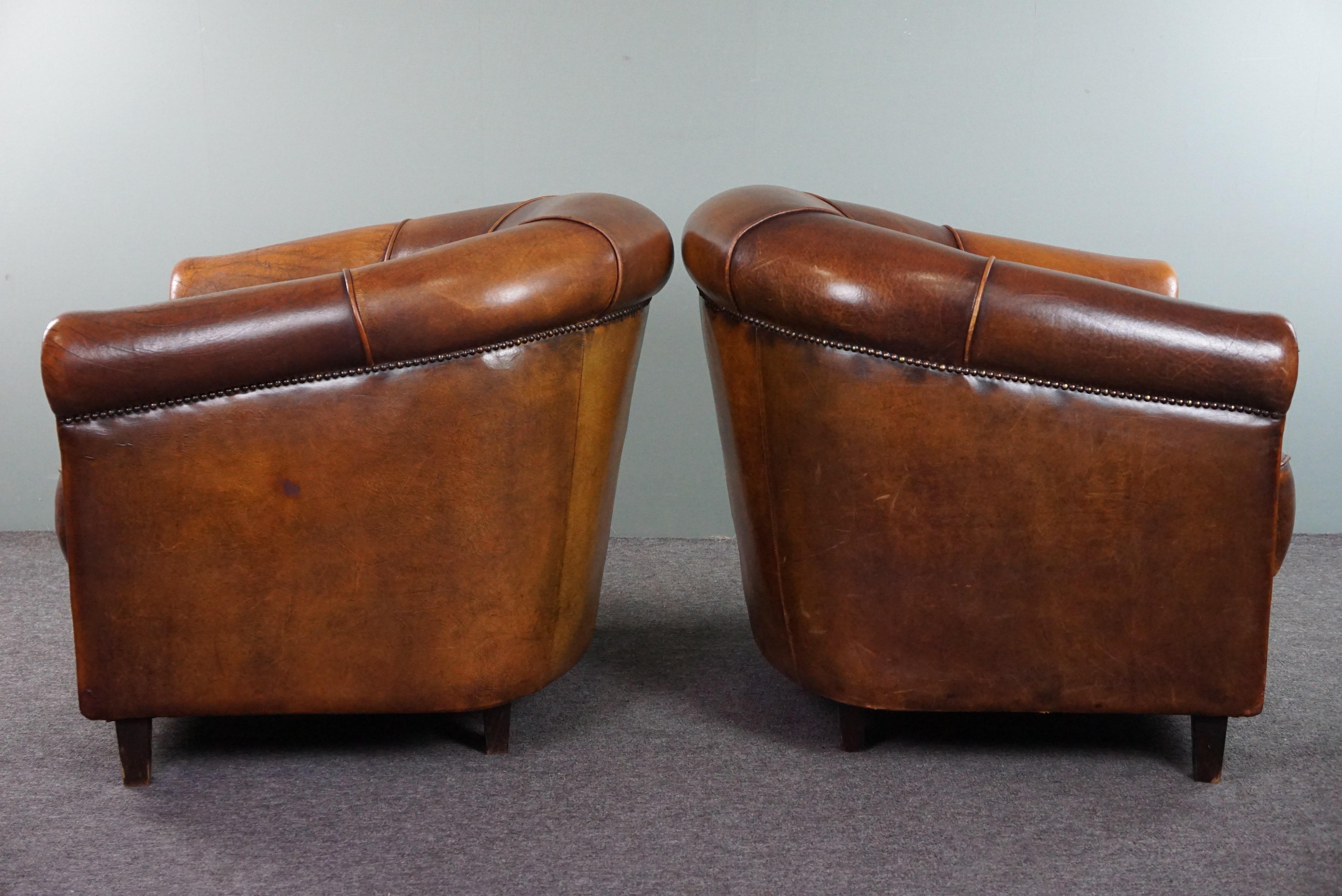 Set of two club armchairs made of sheep leather in a beautiful warm dark color In Good Condition For Sale In Harderwijk, NL