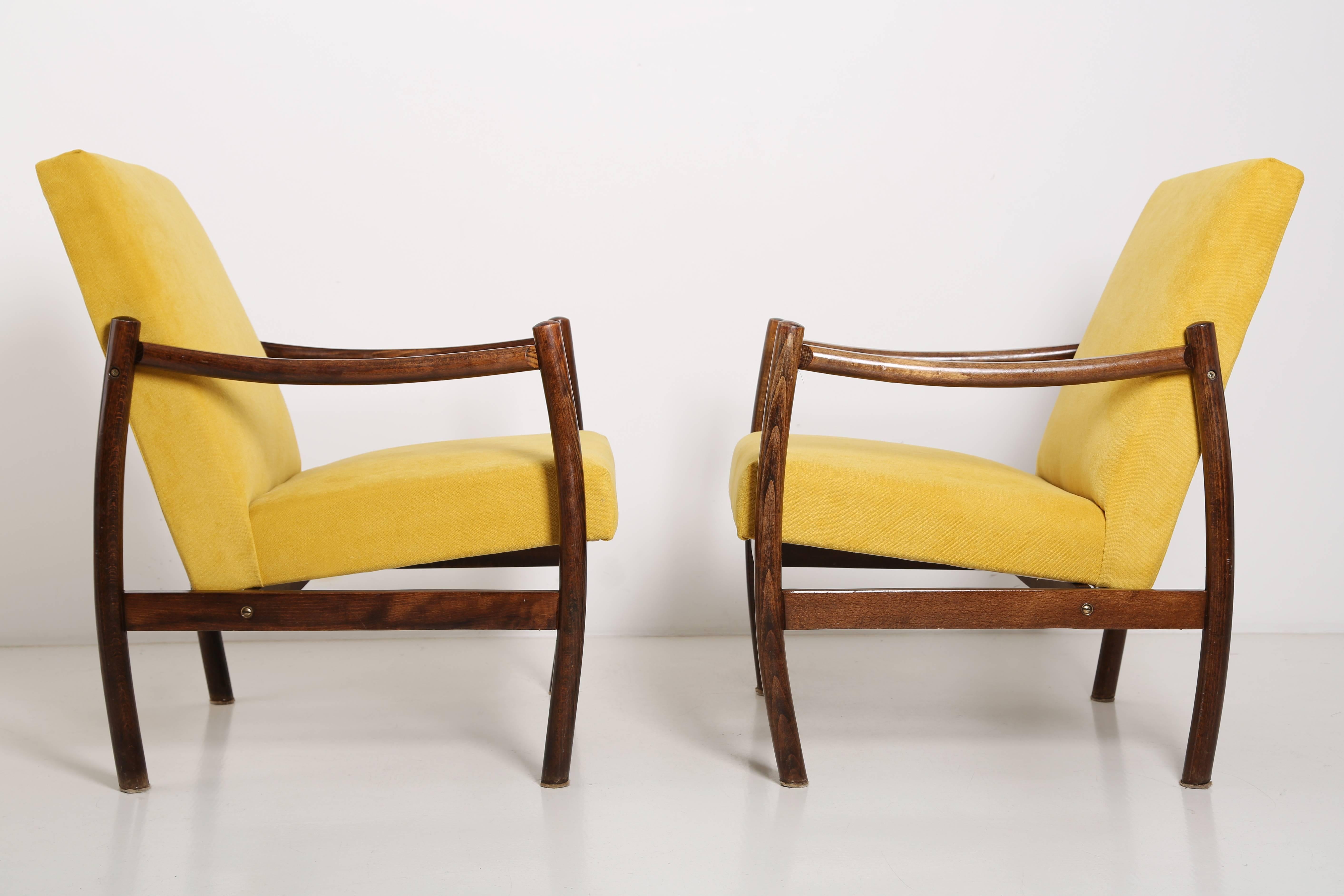 Mid-Century Modern Set of Two Club Armchairs, Yellow Velvet, 1960s For Sale