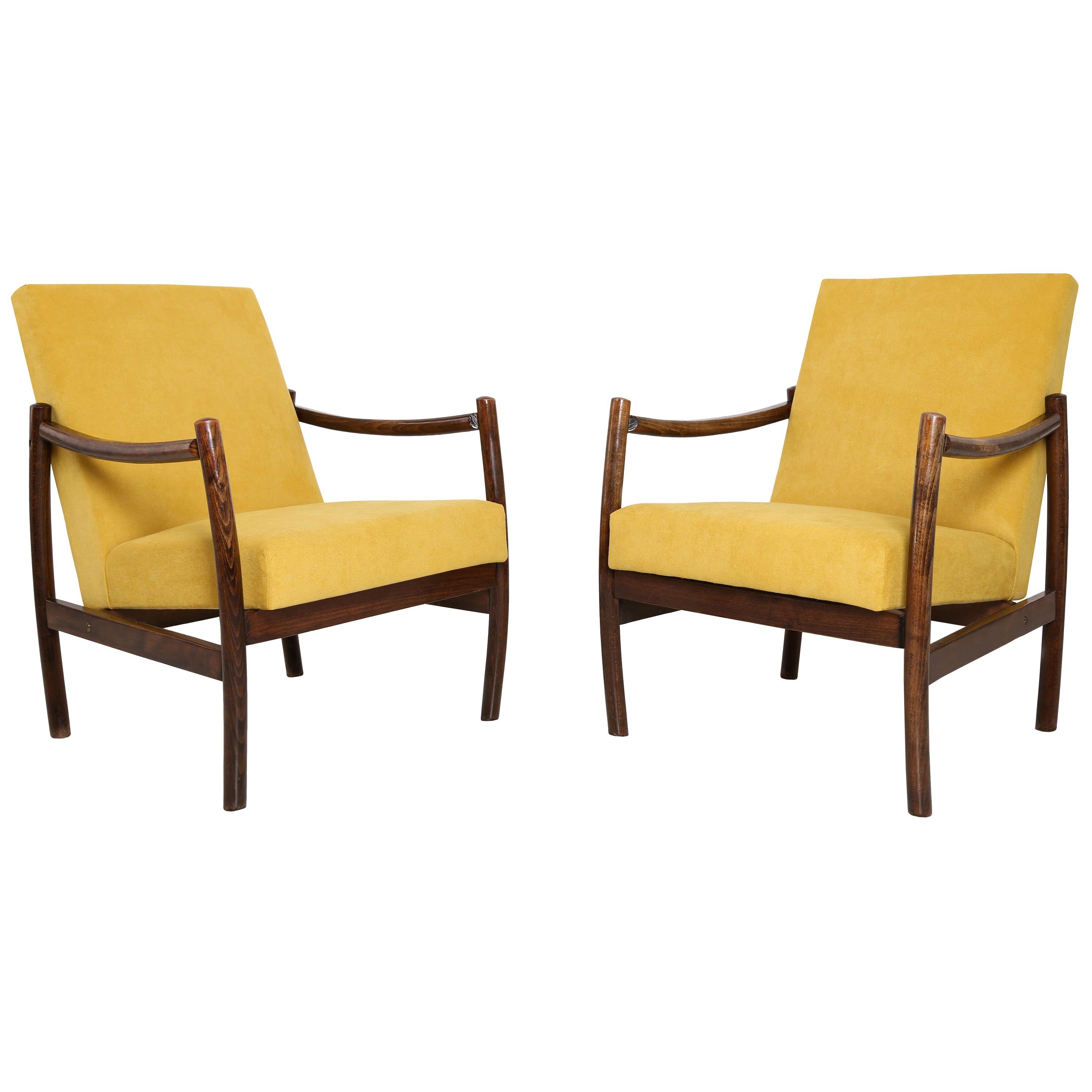 Set of Two Club Armchairs, Yellow Velvet, 1960s For Sale