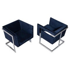 Set of Two Club Chairs in Navy Blue Velvet w/ a Chrome Frame by Milo Baughman