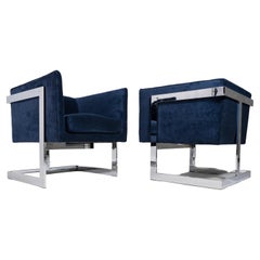 Set of Two Club Chairs in Navy Blue Velvet w/ a Chrome Frame by Milo Baughman