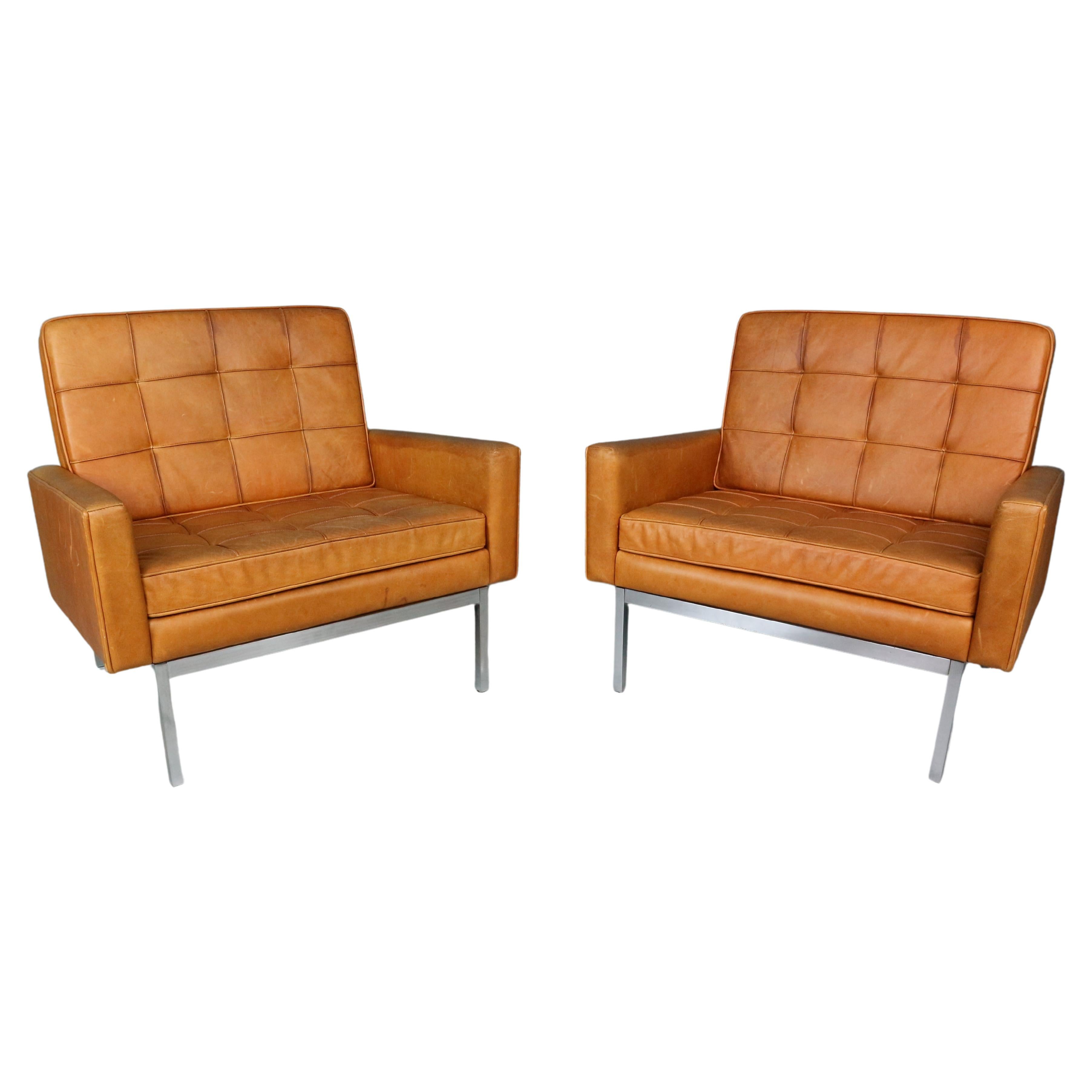 Set of two cognac leather Florence Knoll lounge chairs model 65a