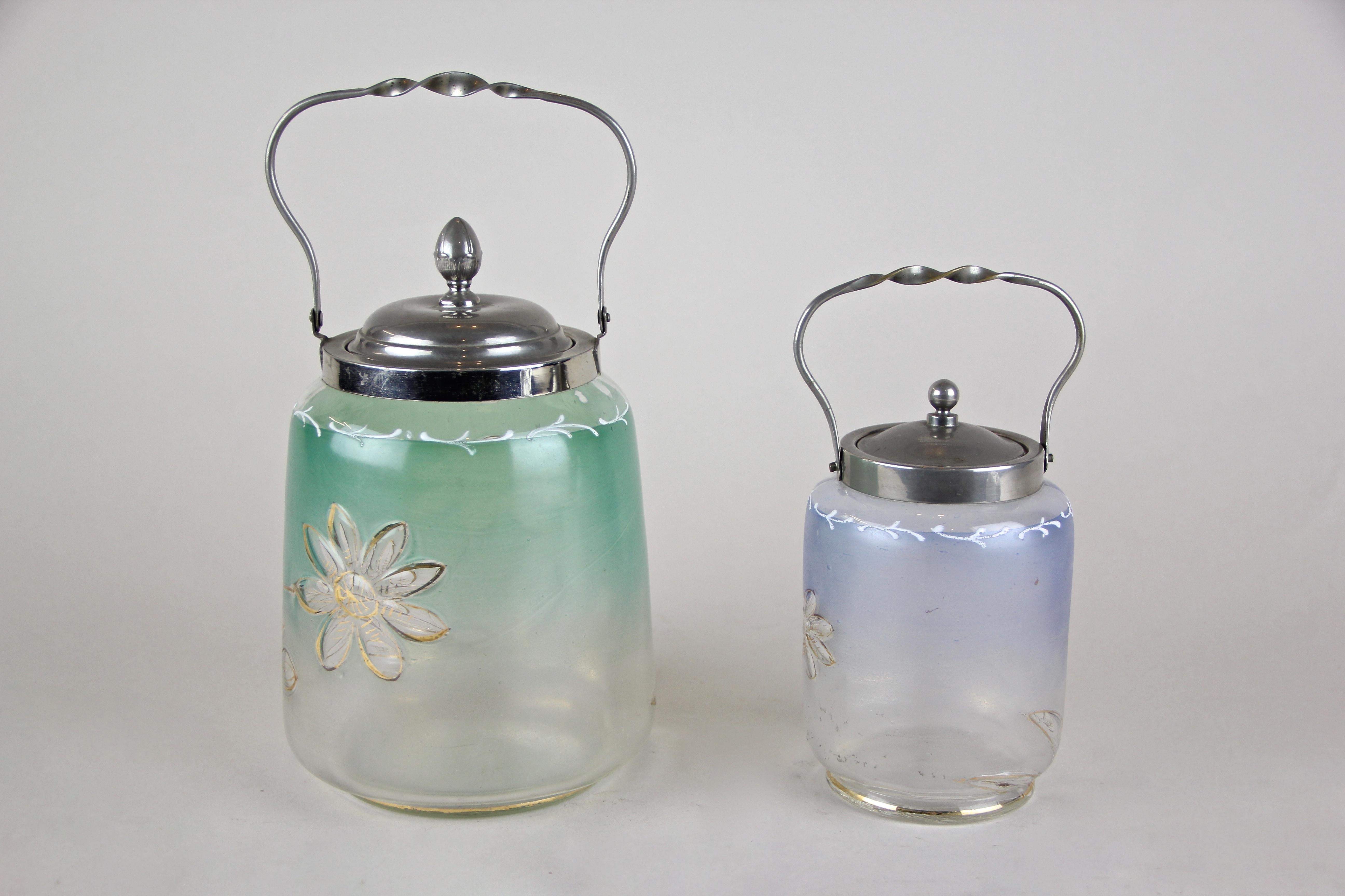 Art Nouveau Set of Two Colored Glass Jars/ Bonbonniere with Lid, Austria, circa 1920