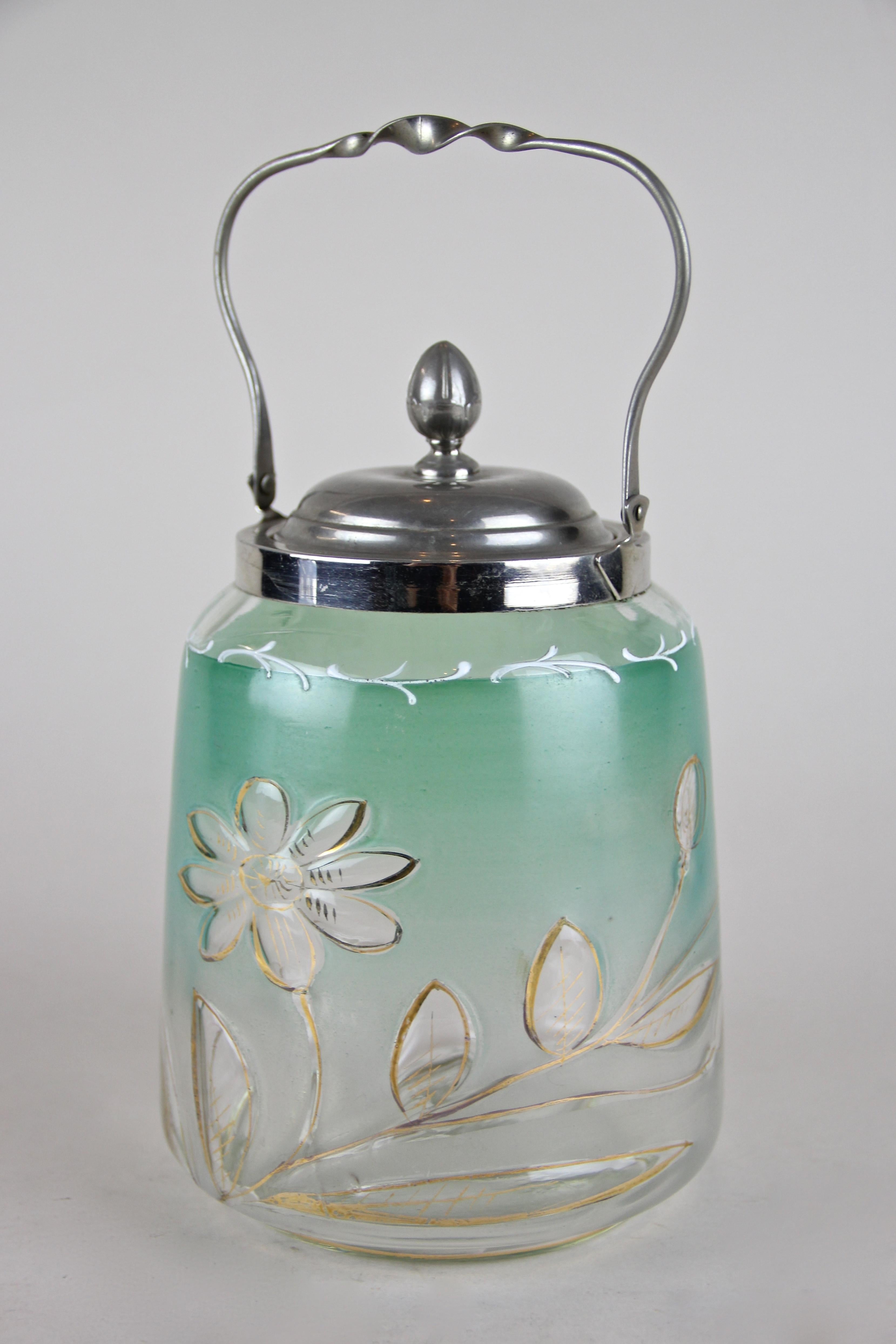 Blown Glass Set of Two Colored Glass Jars/ Bonbonniere with Lid, Austria, circa 1920