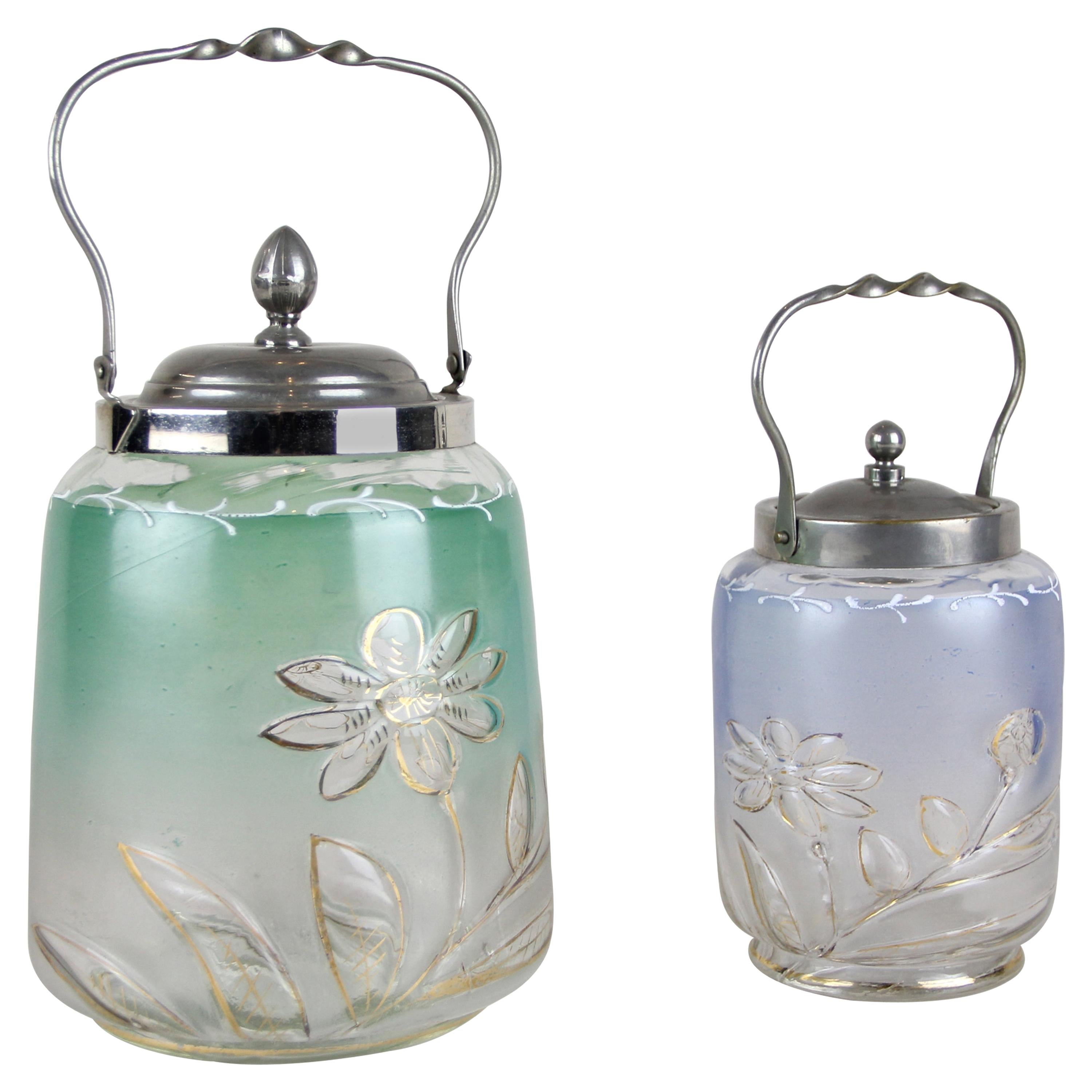 Set of Two Colored Glass Jars/ Bonbonniere with Lid, Austria, circa 1920