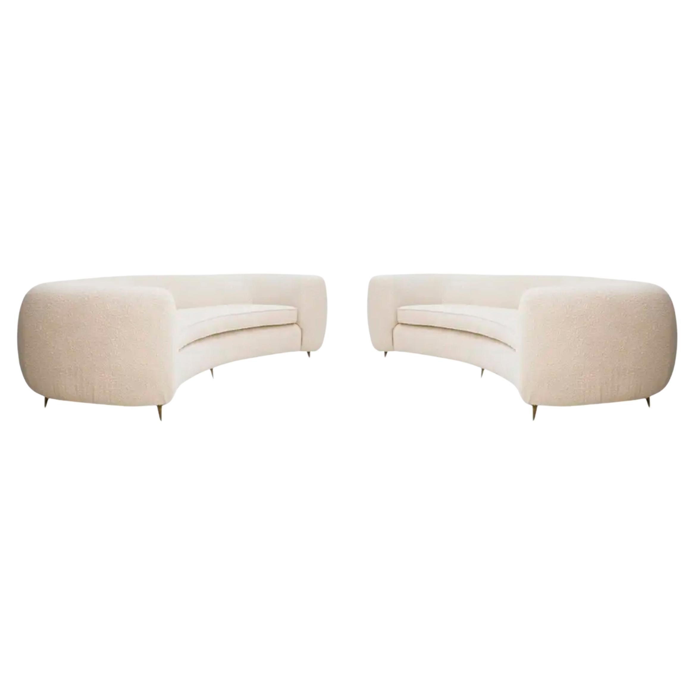 Curved Four-Seat Italian Sofas with Brass Legs and Ivory Bouclé, Set of Two For Sale