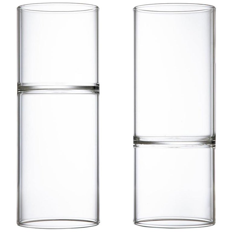 Set of Two Contemporary Minimal Clear Water and Wine Glasses Handmade Czech For Sale