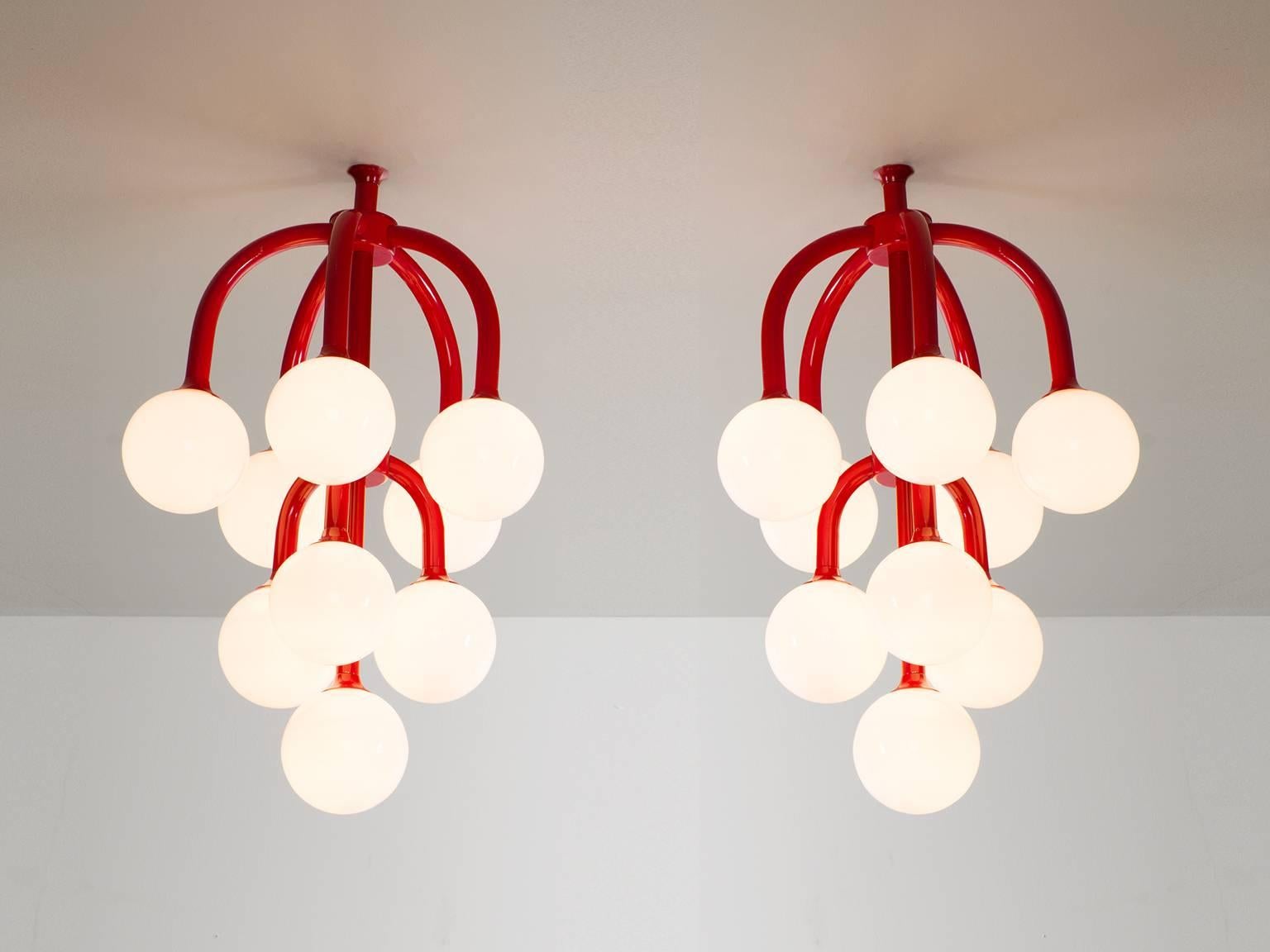 Mid-Century Modern Set of Two Coral Red Scandinavian Chandeliers