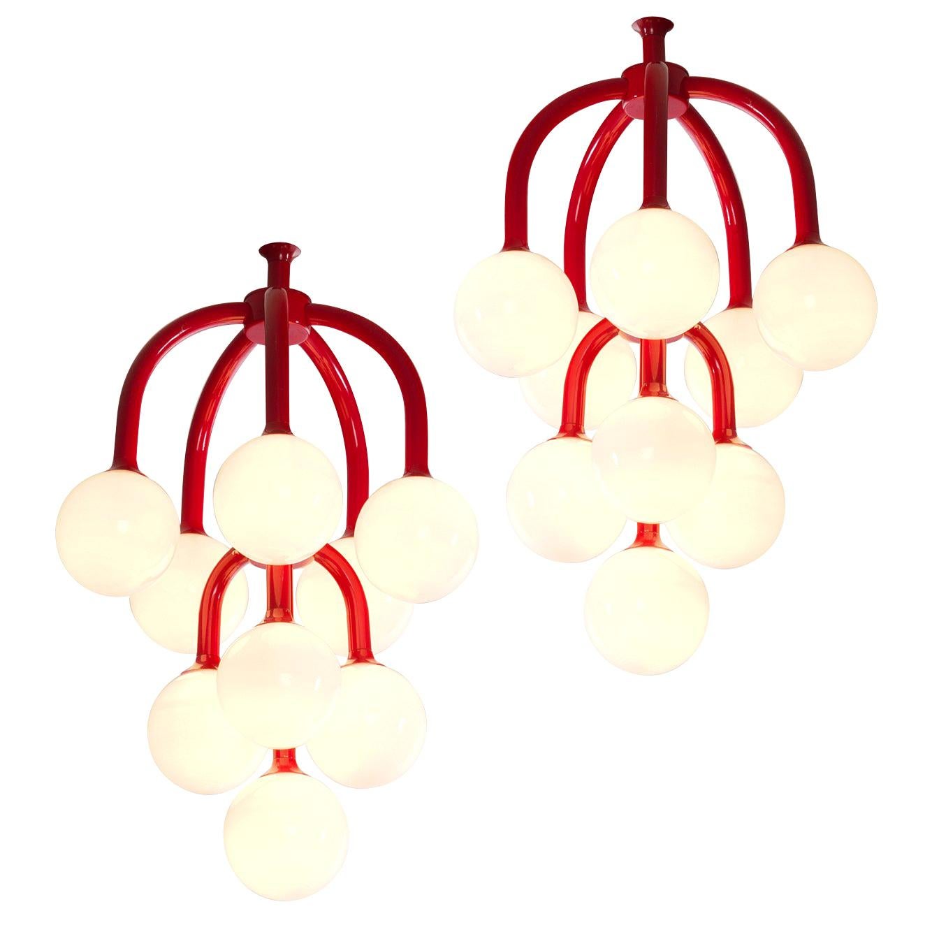 Set of Two Coral Red Scandinavian Chandeliers