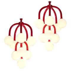 Set of Two Coral Red Scandinavian Chandeliers