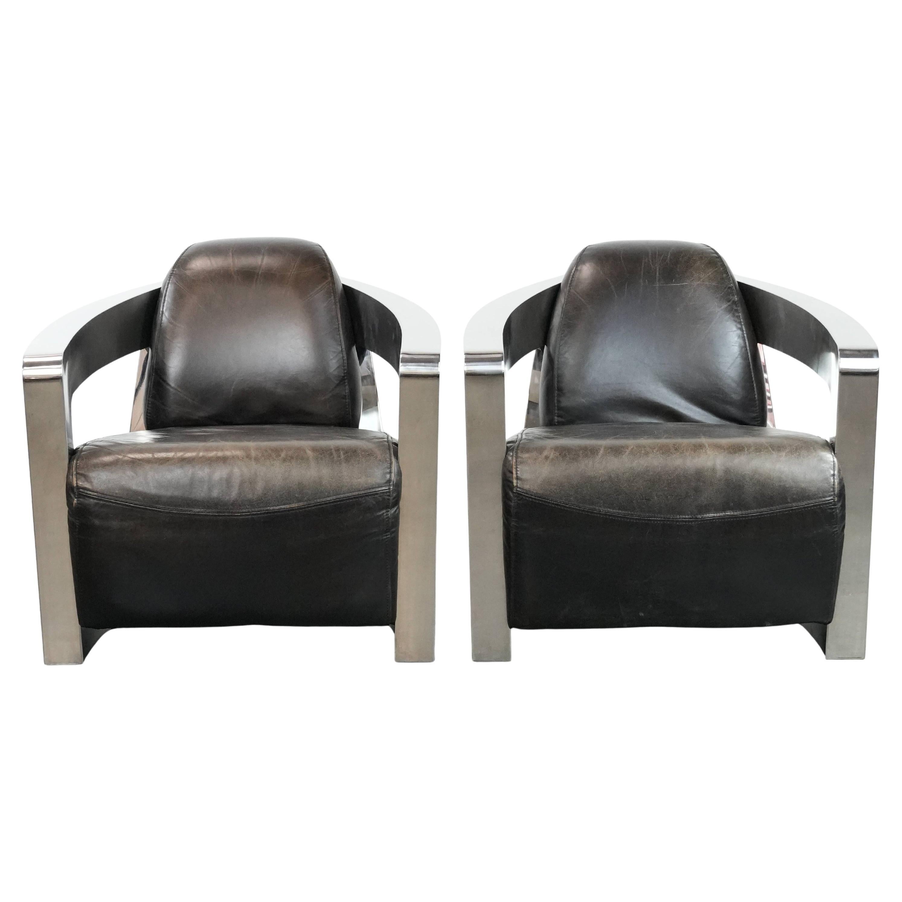 Set of two cowhide leather Aviator design armchairs with aluminium For Sale