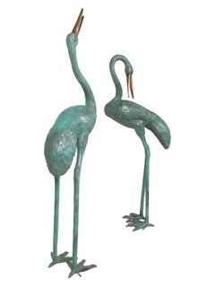 Set of Two Crane Bird Fountains or Statues in Patinated Bronze