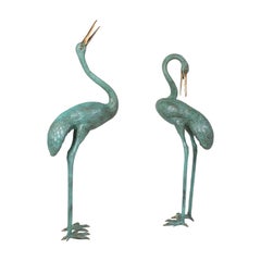 Set of Two Crane Bird Fountains or Statues in Patinated Bronze