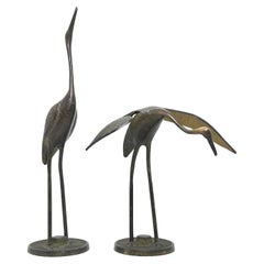 Set of Two Crane or Heron Bird Brass Statue Sculpture Retro, 1960s