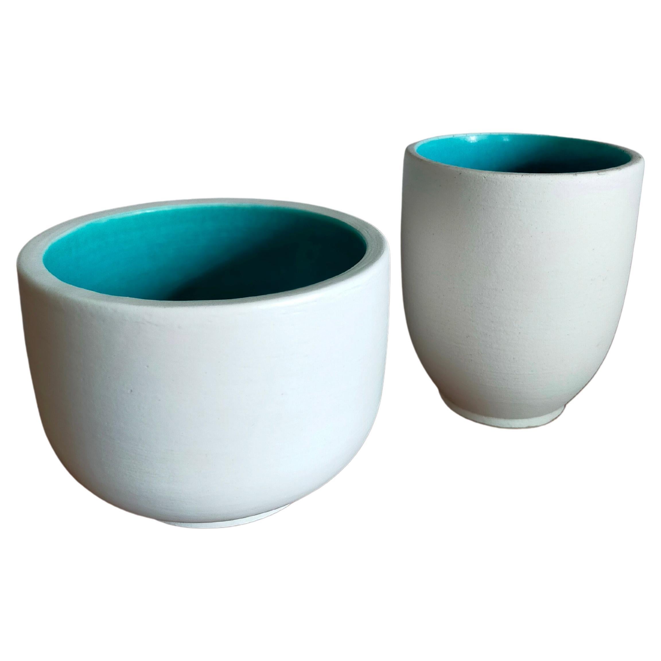Set of Two Cream and Turquoise Ceramic Vide Poche by Kermis Sèvres For Sale