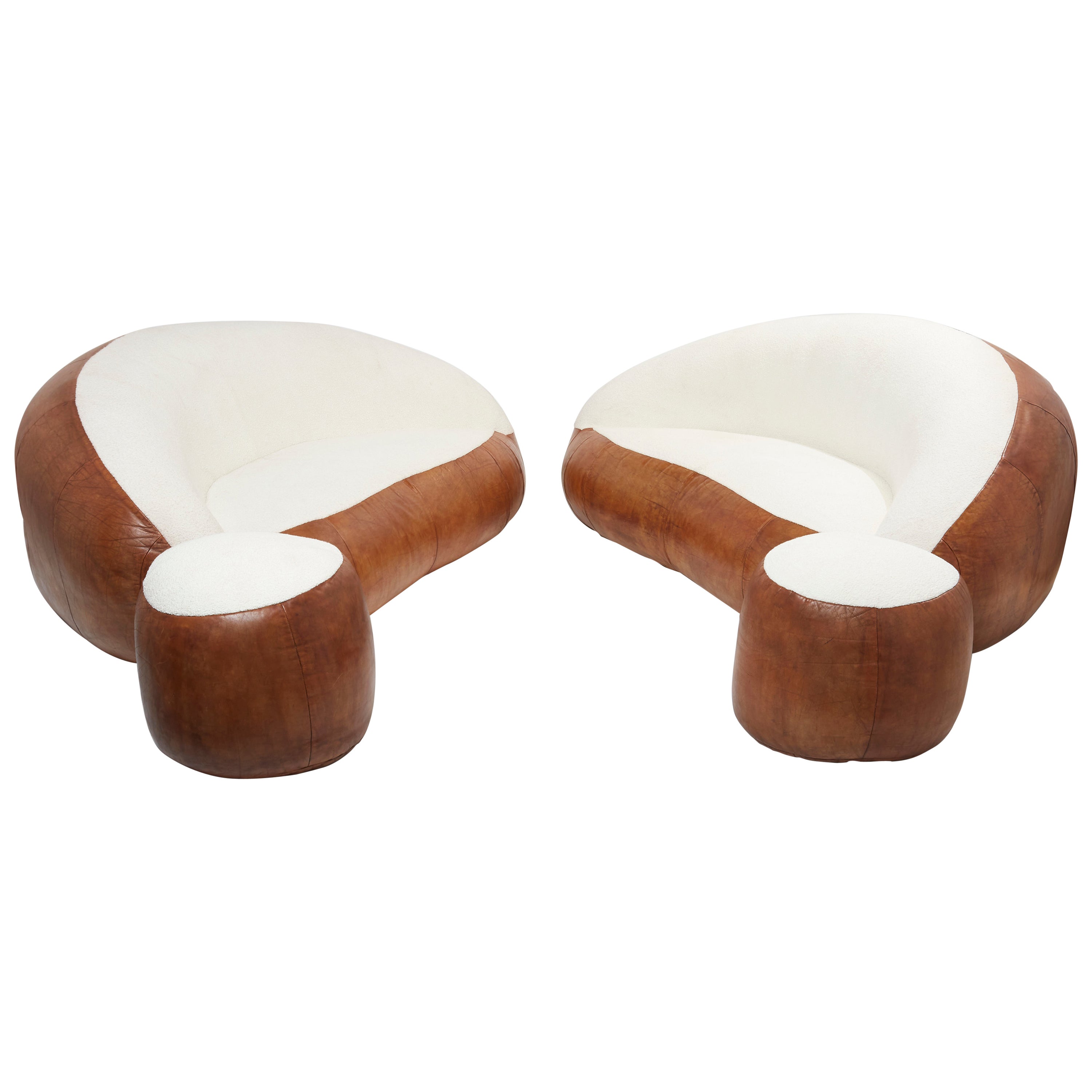 Set of Two Croissant Sofas by Raphael Raffel Leather and Bouclé 1970s