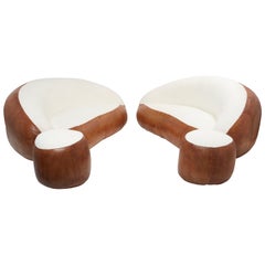 Set of Two Croissant Sofas by Raphael Raffel Leather and Bouclé 1970s