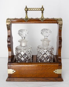Set of Two Crystaline Carafes in its Oak & Brass Box Spanish Style circa 1960