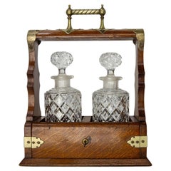 Set of Two Crystaline Carafes in its Oak & Brass Box Spanish Style circa 1960