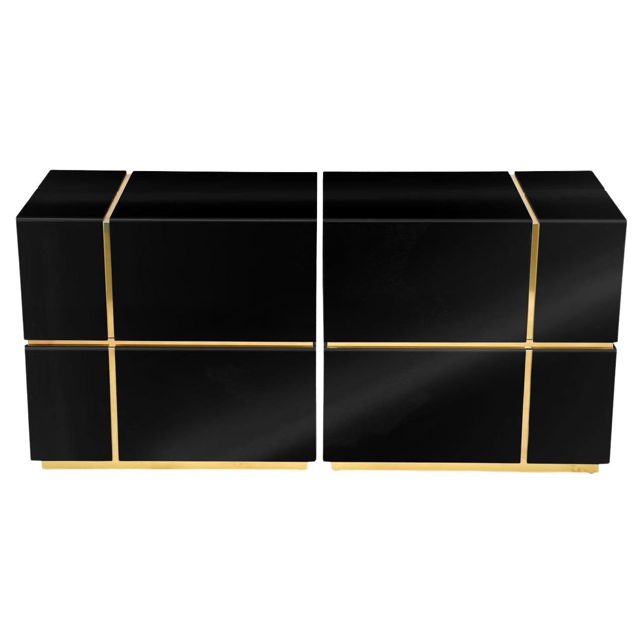 Set of Two Cube Black High Gloss Nightstand with Large Drawers
