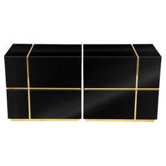 Set of Two Cube Black High Gloss Nightstand with Large Drawers