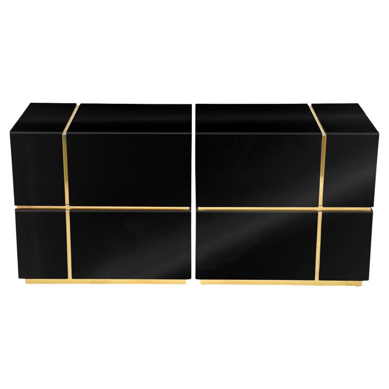 Set of Two Cube Black High Gloss Nightstand with Large Drawers For Sale