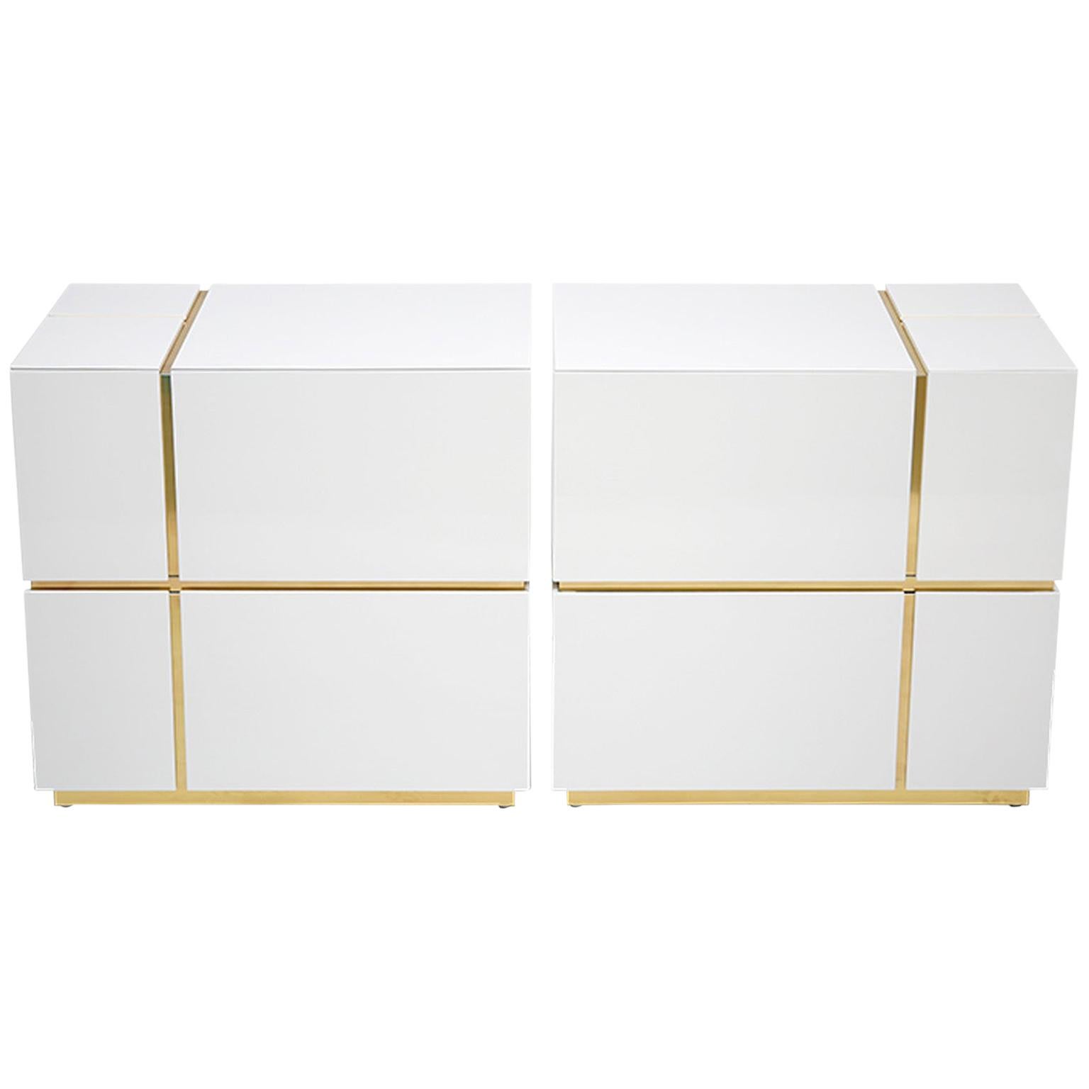 Set of Two Cube White High Gloss Nightstand with Large Drawers