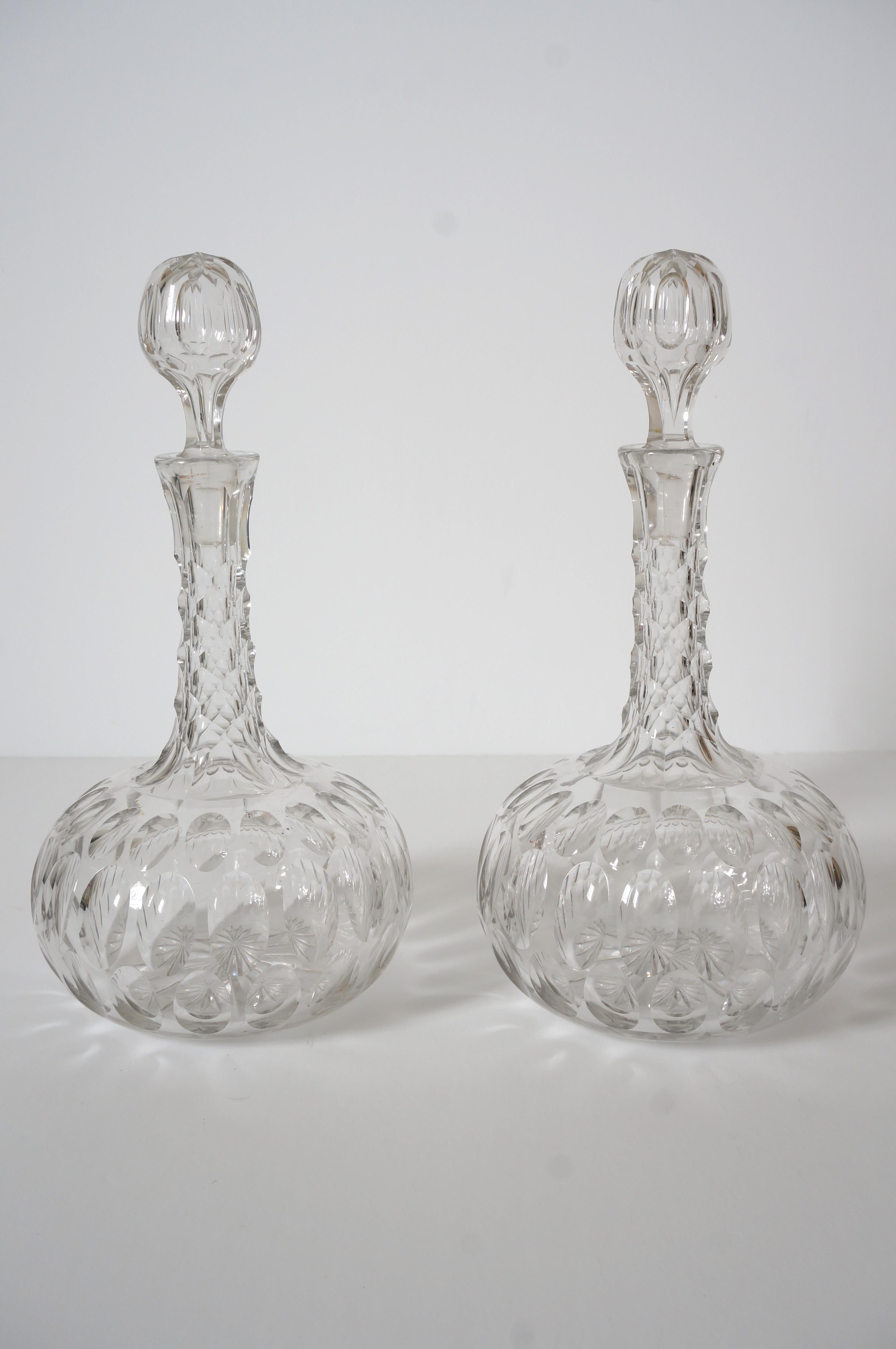 19th Century Set of Two Cut Crystal English Regency Style Decanters For Sale