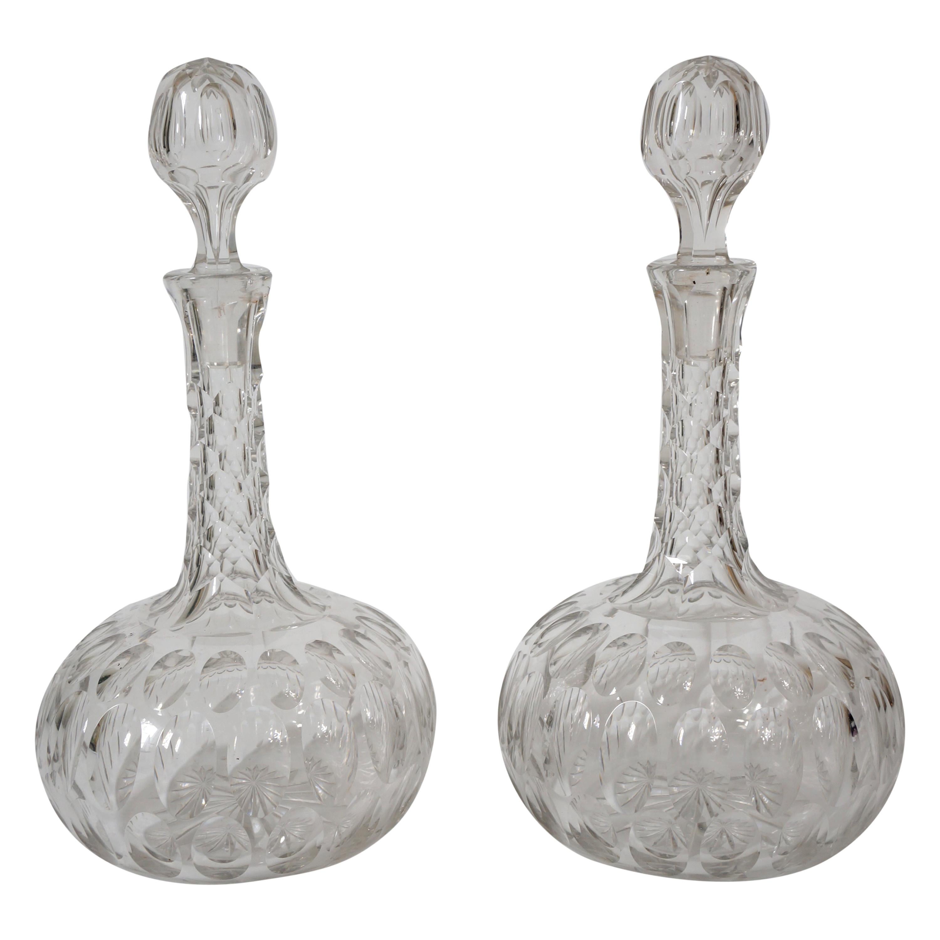 Set of Two Cut Crystal English Regency Style Decanters For Sale