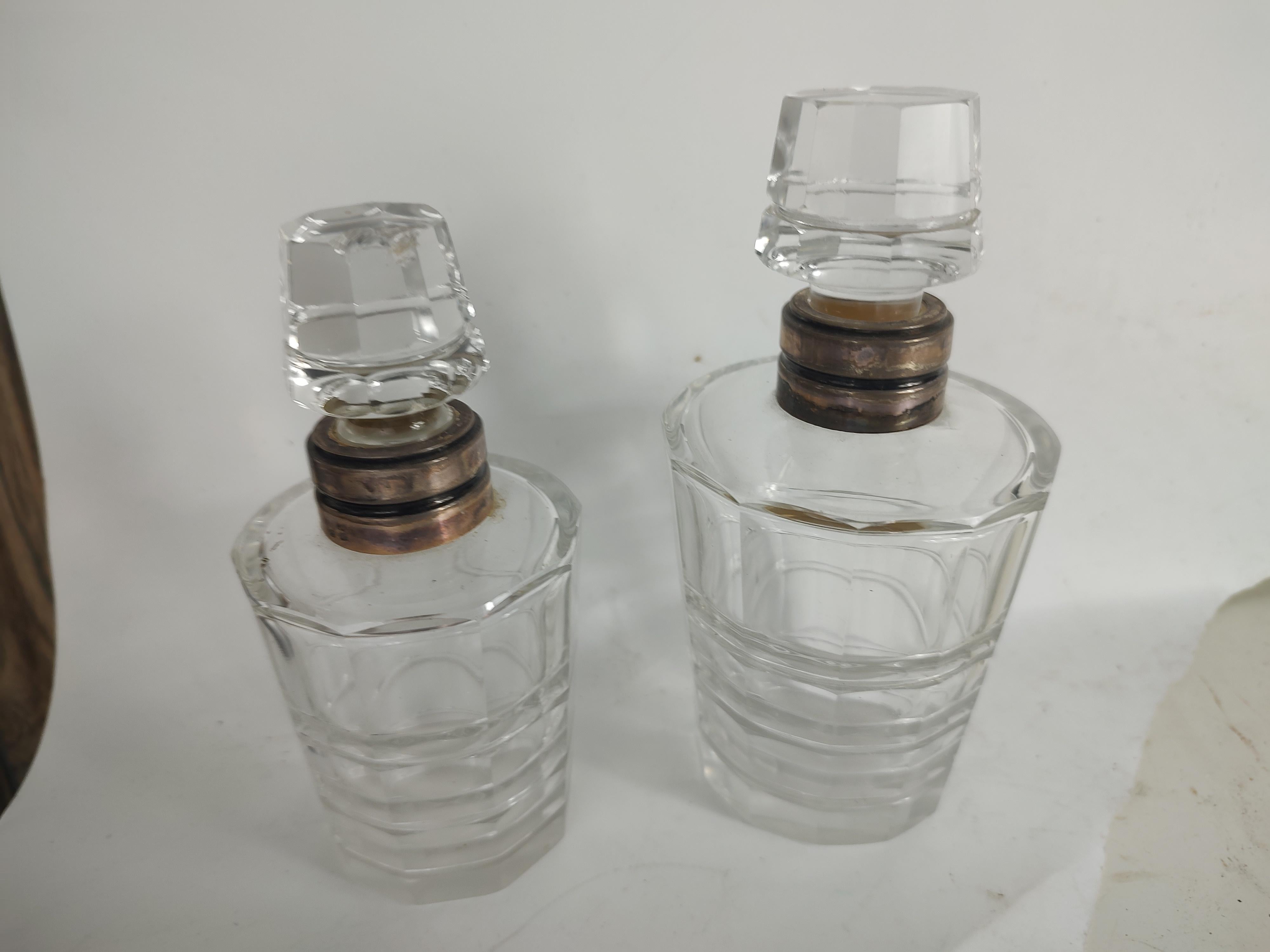 Hand-Crafted Set of Two Cut Glass Dresser Cologne Bottles with Sterling  For Sale