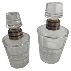 Set of Two Cut Glass Dresser Cologne Bottles with Sterling 