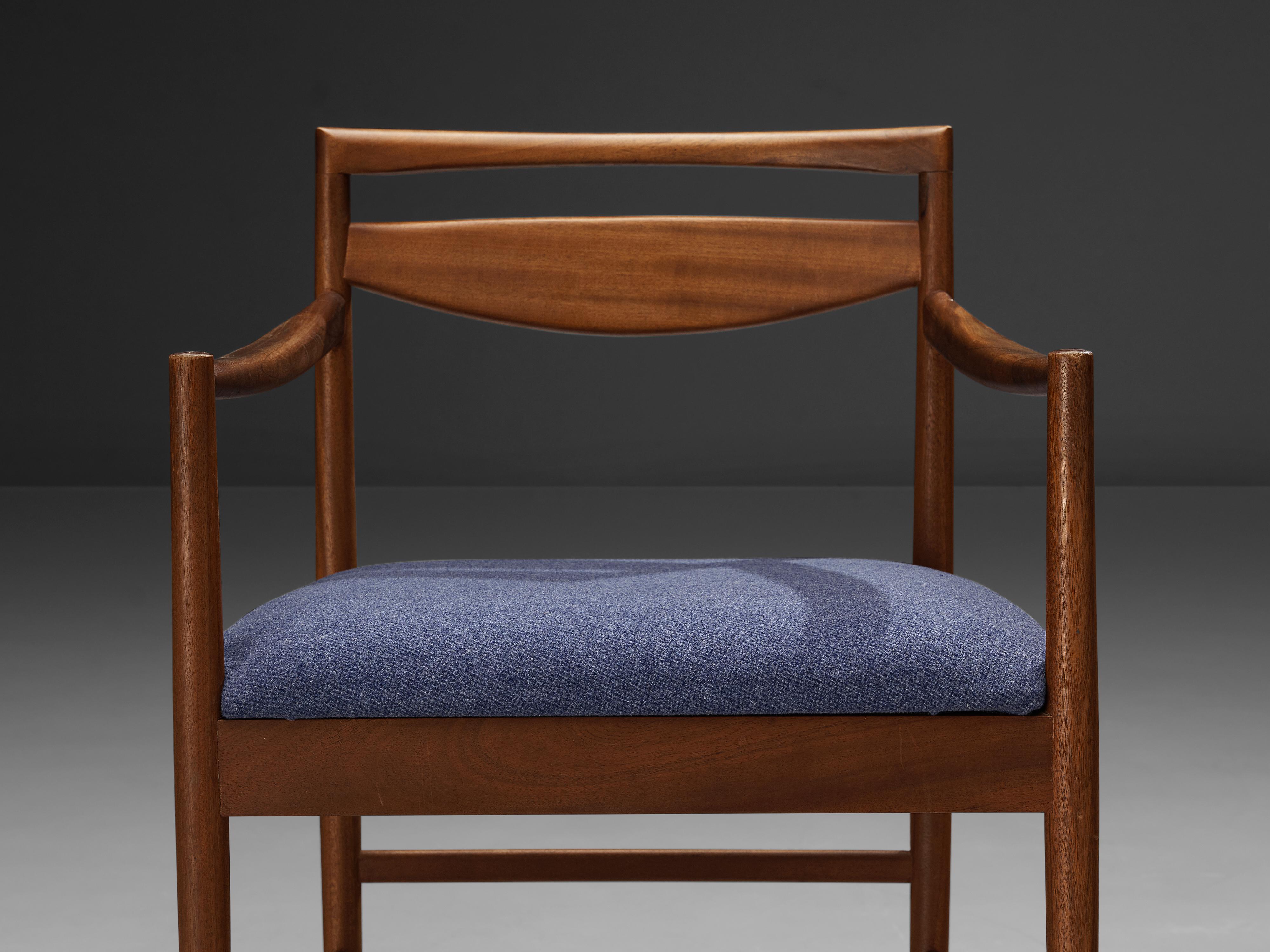 Mid-20th Century Danish Pair of Armchairs in Teak and Blue Upholstery