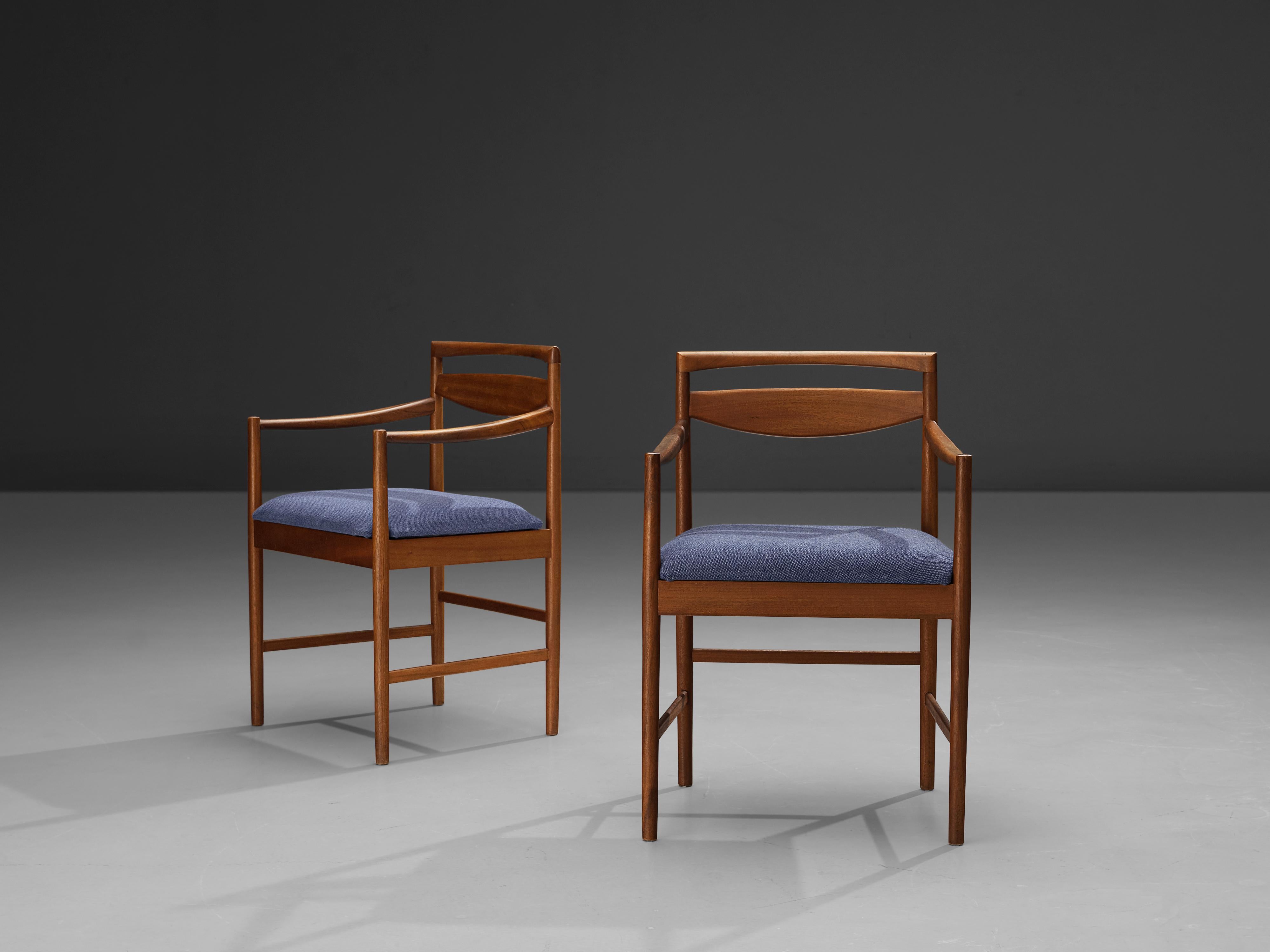 Fabric Danish Pair of Armchairs in Teak and Blue Upholstery